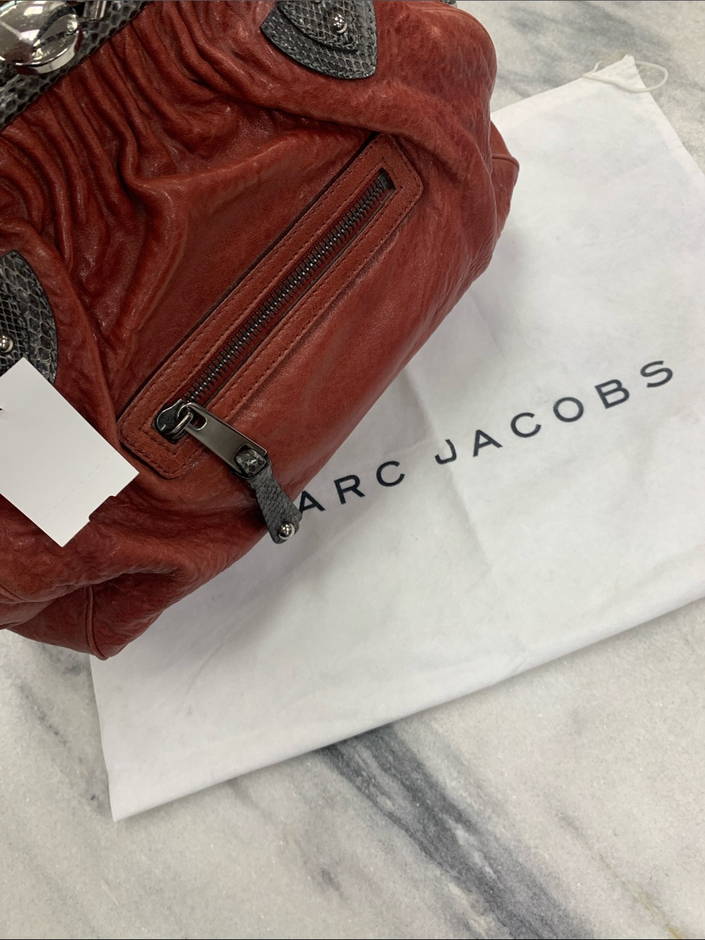 Marc Jacobs Rust Red Leather Shoulder Bag with Gray Snake-Trim and Silver Chain - Picture 9 of 11